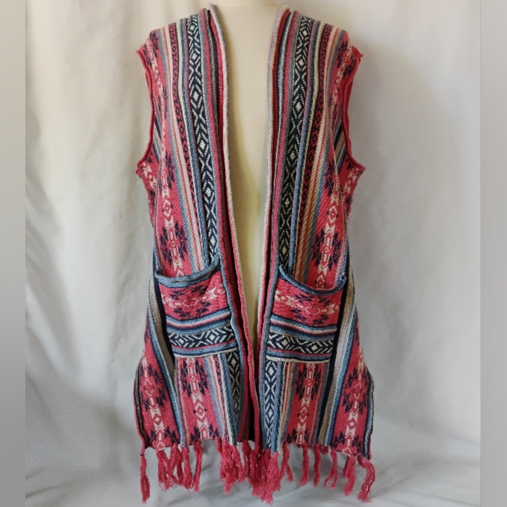 Ruff Hewn Colorful Knit Vest Poncho Boho Festival Style Geometric Aztec Pattern